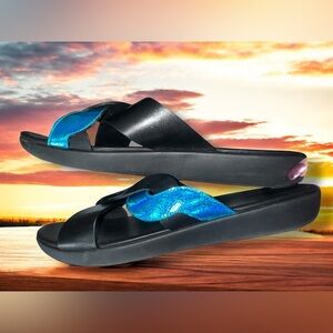 Fitflop Women's 11 Reagan Rope Silp On Slide Sandals Black Blue Leather Slide